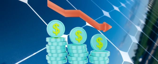 Stacks of dollar coins with a downward arrow on a solar panel background indicating cost reduction