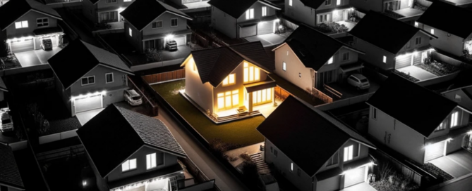 House with solar battery storage illuminated at night in a neighborhood during a power outage