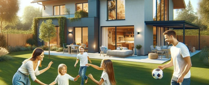 Family playing in front of a house with solar panels on the roof