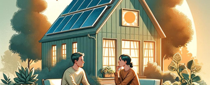 Couple discussing solar energy in front of a house with rooftop solar panels, highlighting sustainable living and renewable energy.