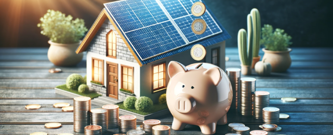 Model house with solar panels and piggy bank surrounded by coins