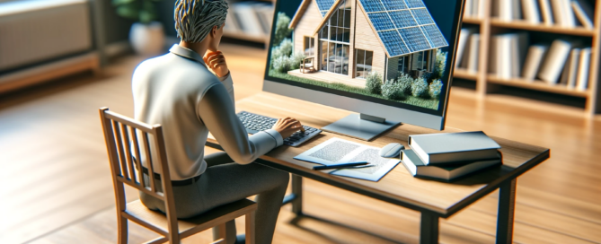 Person researching solar companies on a computer with a house and solar panels on the screen