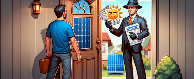 Man at front door being approached by a suspicious solar panel salesman