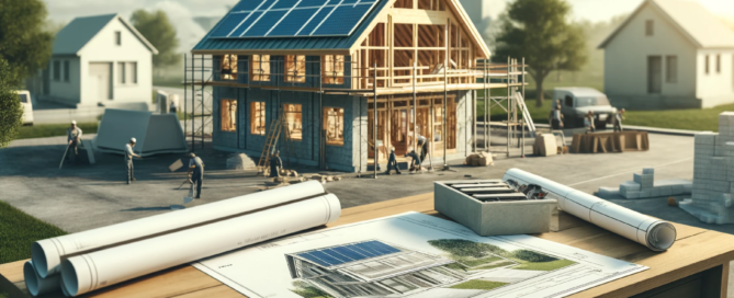 House under construction with solar panels and architectural plans in the foreground