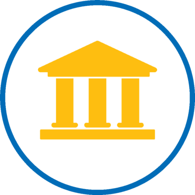 Icon of a bank building, representing financing options with teal columns and a circular border.