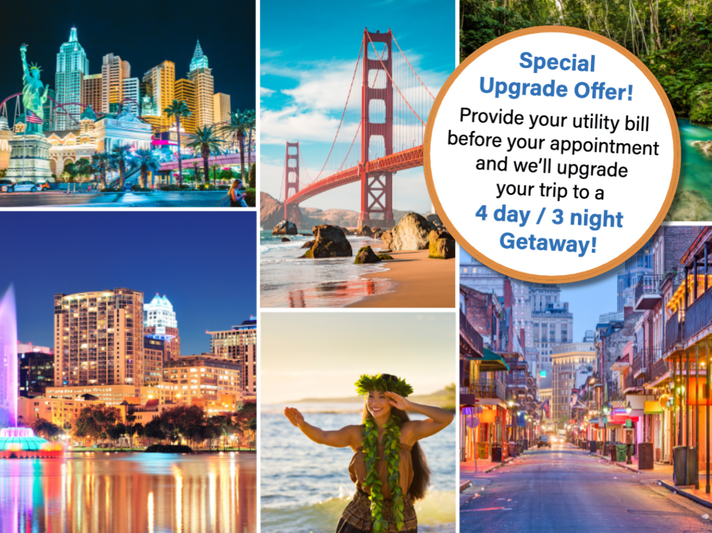 Promotional Flyer Las Vegas Strip Getaway promotion with round-trip airline tickets and a 3-night hotel stay at Mandalay Bay, Park MGM, or Paris Las Vegas.